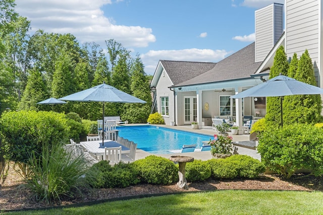 4043 Old Light Cir, Arrington, TN 37014 - swimming pool featuring a patio, a ceiling fan, french doors, and an outdoor hangout area