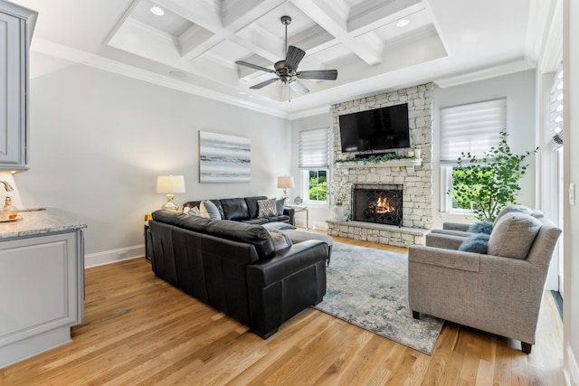 4043 Old Light Cir, Arrington, TN 37014 - living area with light wood-style floors, a fireplace, baseboards, beamed ceiling, and ceiling fan