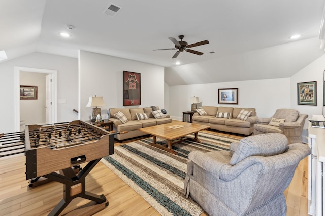 4043 Old Light Cir, Arrington, TN 37014 - living room with lofted ceiling, light wood-type flooring, a ceiling fan, and recessed lighting