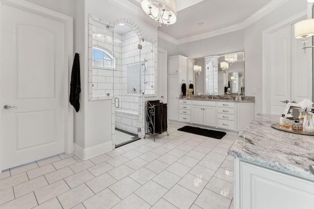 4043 Old Light Cir, Arrington, TN 37014 - full bathroom featuring a chandelier, ornamental molding, vanity, a shower stall, and tile patterned floors