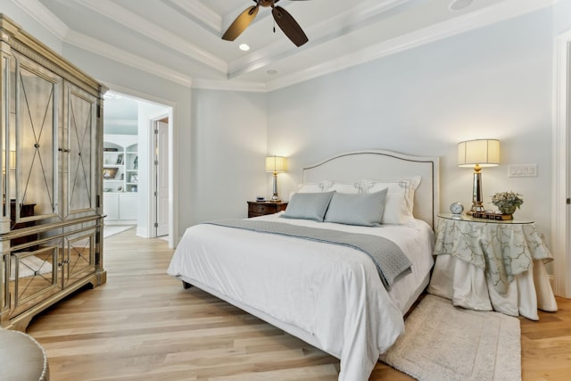 4043 Old Light Cir, Arrington, TN 37014 - bedroom with light wood-type flooring, crown molding, a tray ceiling, recessed lighting, and ceiling fan
