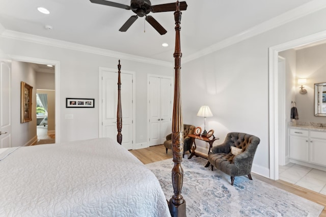 4043 Old Light Cir, Arrington, TN 37014 - bedroom featuring crown molding, connected bathroom, recessed lighting, light wood-type flooring, and a ceiling fan