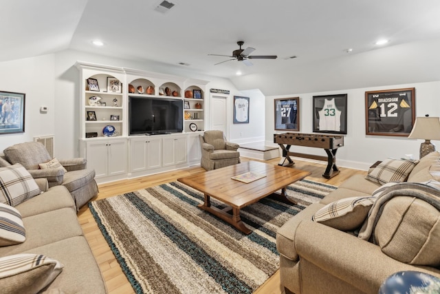 4043 Old Light Cir, Arrington, TN 37014 - living room featuring vaulted ceiling, ceiling fan, light wood-type flooring, recessed lighting, and baseboards