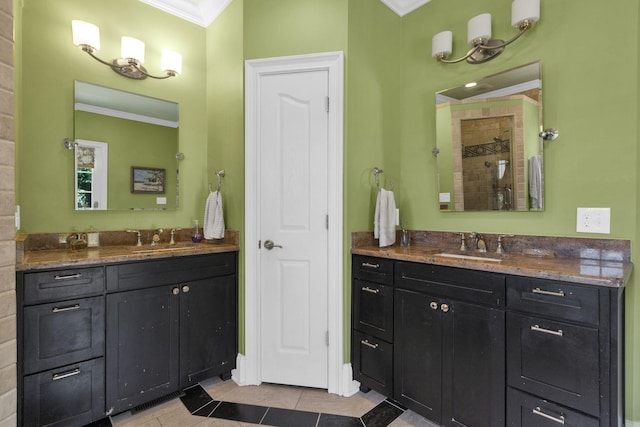 3285 Blazer Rd, Franklin, TN 37064 - full bath with ornamental molding, two vanities, tile patterned floors, and a tile shower