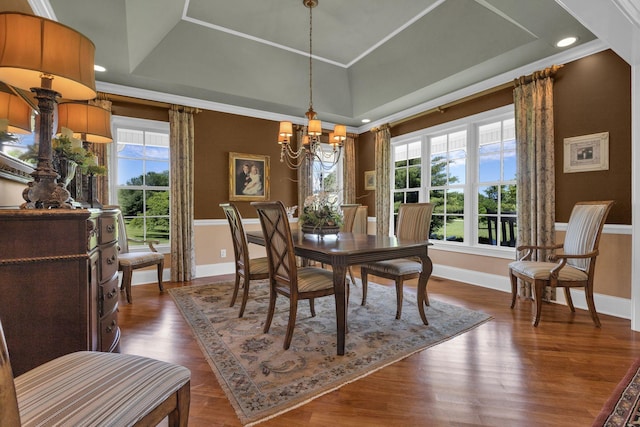 3285 Blazer Rd, Franklin, TN 37064 - dining area with a chandelier, baseboards, a tray ceiling, dark wood-style flooring, and recessed lighting