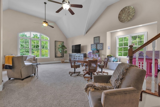 3285 Blazer Rd, Franklin, TN 37064 - living area featuring lofted ceiling, a ceiling fan, carpet, and baseboards