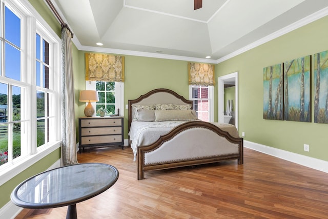 3285 Blazer Rd, Franklin, TN 37064 - bedroom with a tray ceiling, wood finished floors, baseboards, crown molding, and a ceiling fan