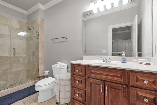 3285 Blazer Rd, Franklin, TN 37064 - full bathroom featuring vanity, a stall shower, tile patterned floors, toilet, and ornamental molding