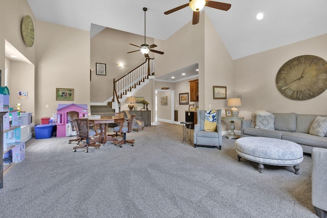 3285 Blazer Rd, Franklin, TN 37064 - living area with light carpet, ceiling fan, stairs, high vaulted ceiling, and recessed lighting