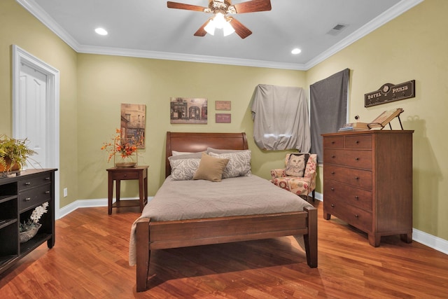 3285 Blazer Rd, Franklin, TN 37064 - bedroom with baseboards, wood finished floors, crown molding, recessed lighting, and ceiling fan