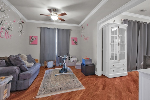 3285 Blazer Rd, Franklin, TN 37064 - living room with a ceiling fan, wood finished floors, and ornamental molding