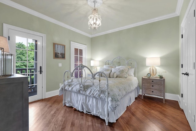 3285 Blazer Rd, Franklin, TN 37064 - bedroom featuring baseboards, a chandelier, dark wood-style flooring, ornamental molding, and access to exterior