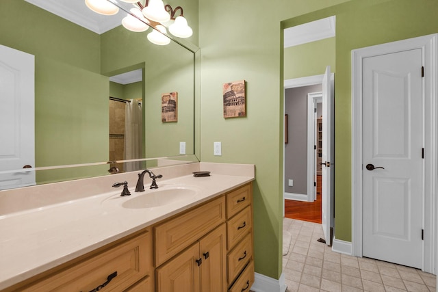 3285 Blazer Rd, Franklin, TN 37064 - bathroom with vanity, a chandelier, ornamental molding, baseboards, and a shower with shower curtain