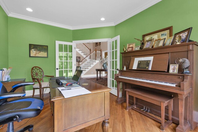 3285 Blazer Rd, Franklin, TN 37064 - home office featuring french doors, crown molding, wood finished floors, recessed lighting, and baseboards
