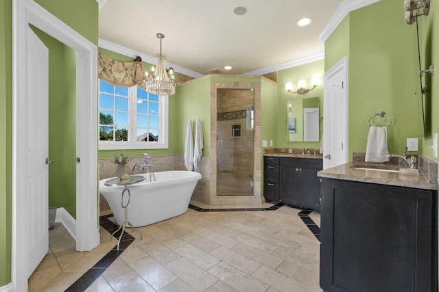 3285 Blazer Rd, Franklin, TN 37064 - bathroom featuring a stall shower, vanity, a soaking tub, ornamental molding, and a chandelier
