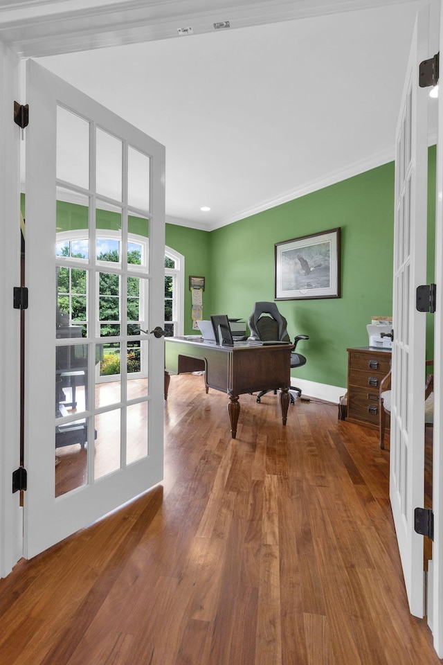 3285 Blazer Rd, Franklin, TN 37064 - office area with french doors, ornamental molding, and wood finished floors