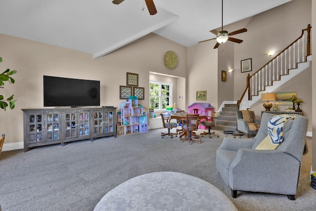 3285 Blazer Rd, Franklin, TN 37064 - living room with a ceiling fan, stairway, carpet floors, high vaulted ceiling, and baseboards