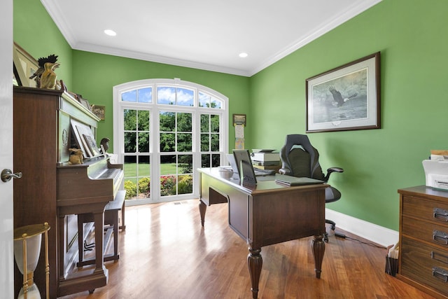 3285 Blazer Rd, Franklin, TN 37064 - office with ornamental molding, baseboards, wood finished floors, and recessed lighting