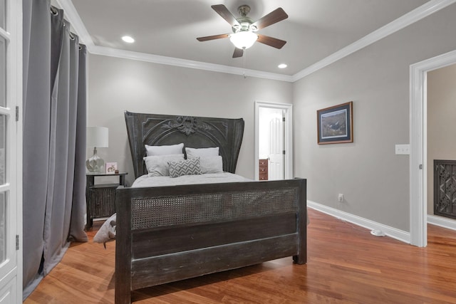 3285 Blazer Rd, Franklin, TN 37064 - bedroom featuring baseboards, light wood-type flooring, ornamental molding, recessed lighting, and ceiling fan