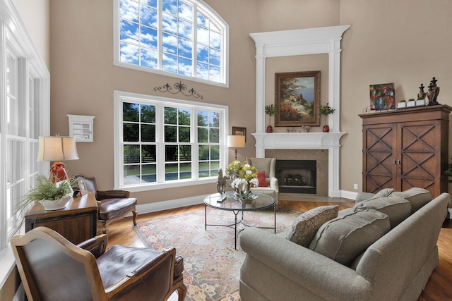 3285 Blazer Rd, Franklin, TN 37064 - living area with wood finished floors, a fireplace with flush hearth, baseboards, and a towering ceiling