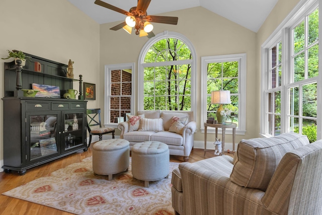 3285 Blazer Rd, Franklin, TN 37064 - living area featuring ceiling fan, vaulted ceiling, wood finished floors, and baseboards