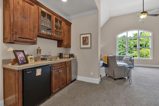 3285 Blazer Rd, Franklin, TN 37064 - kitchen with a ceiling fan, a sink, light colored carpet, light countertops, and baseboards