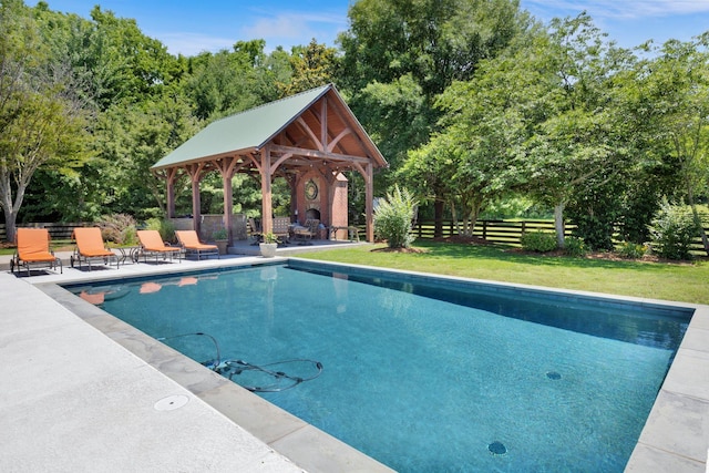 3285 Blazer Rd, Franklin, TN 37064 - view of pool featuring a gazebo, a patio, a fireplace, and view of wooded area