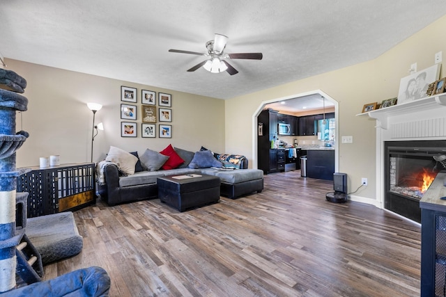 1710 Collins Hollow Rd, Lewisburg, TN 37091 - living room with wood finished floors, a glass covered fireplace, a ceiling fan, and arched walkways