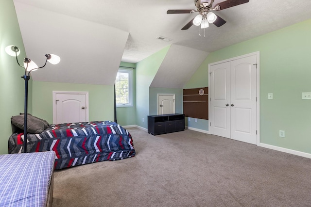 1710 Collins Hollow Rd, Lewisburg, TN 37091 - bedroom featuring vaulted ceiling, baseboards, carpet flooring, and a ceiling fan
