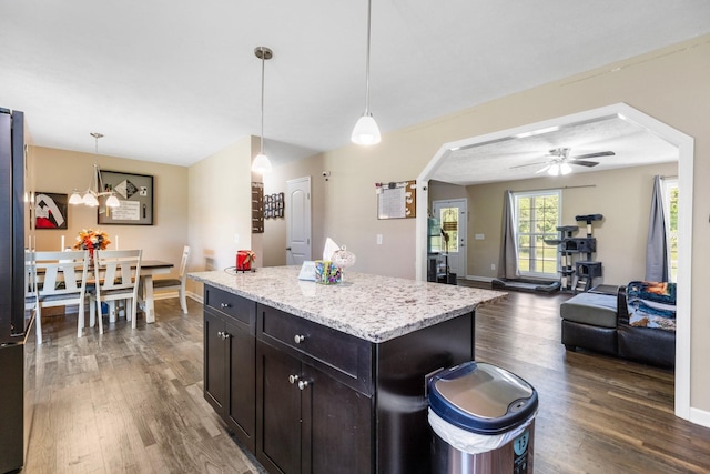 1710 Collins Hollow Rd, Lewisburg, TN 37091 - kitchen with dark wood finished floors, a ceiling fan, arched walkways, decorative light fixtures, and light stone countertops