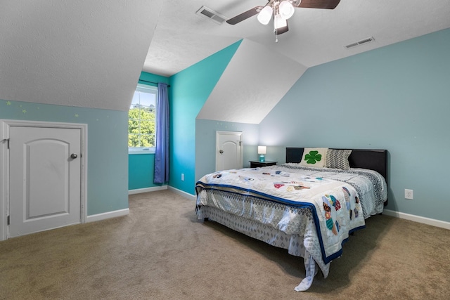 1710 Collins Hollow Rd, Lewisburg, TN 37091 - carpeted bedroom with vaulted ceiling, baseboards, a ceiling fan, and a textured ceiling