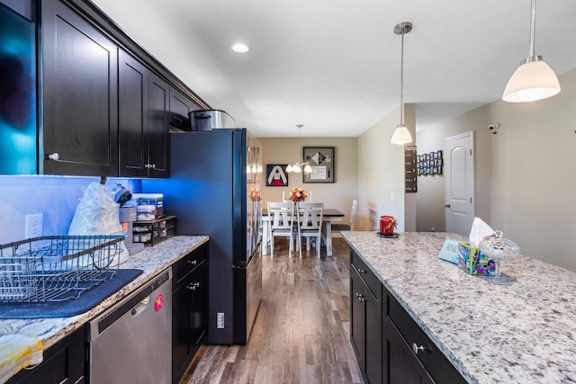 1710 Collins Hollow Rd, Lewisburg, TN 37091 - kitchen featuring dishwasher, dark wood-type flooring, decorative light fixtures, light stone counters, and recessed lighting