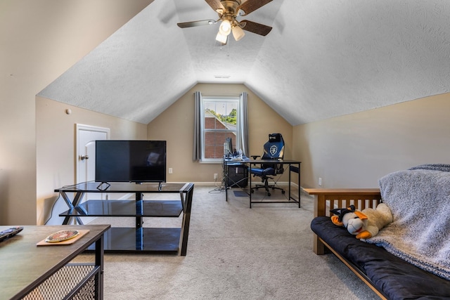 1710 Collins Hollow Rd, Lewisburg, TN 37091 - carpeted home office with ceiling fan, lofted ceiling, a textured ceiling, and baseboards