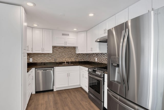 6666 Brookmont Ter Unit 307, Nashville, TN 37205 - kitchen with stainless steel appliances, under cabinet range hood, a sink, white cabinets, and dark wood-style flooring