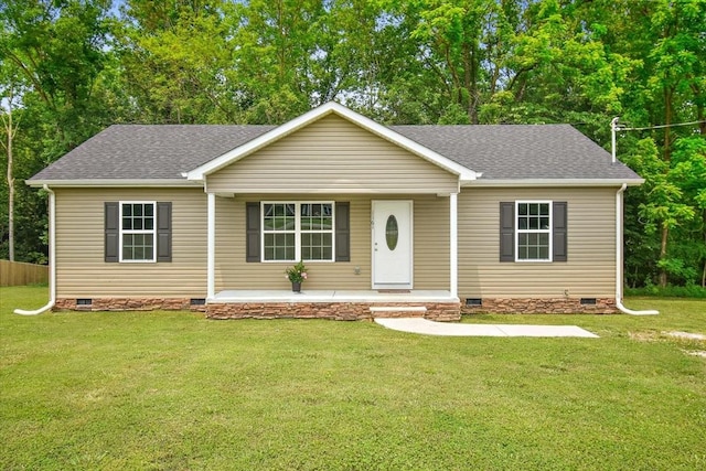 1161 Honey Ln, Estill Springs, TN 37330 - ranch-style house with crawl space, a porch, roof with shingles, and a front lawn