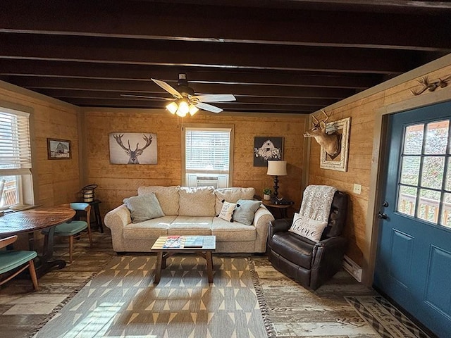 1930 Preacher Holt Rd, Mount Pleasant, TN 38474 - living room with healthy amount of natural light, a ceiling fan, and wood walls