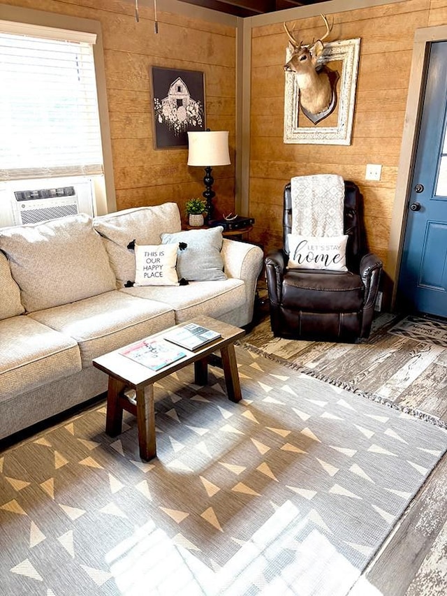 1930 Preacher Holt Rd, Mount Pleasant, TN 38474 - living room with wood walls, cooling unit, and wood finished floors