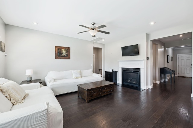 633 Fall Creek Cir, Goodlettsville, TN 37072 - living room featuring wood-type flooring, a ceiling fan, recessed lighting, a glass covered fireplace, and baseboards
