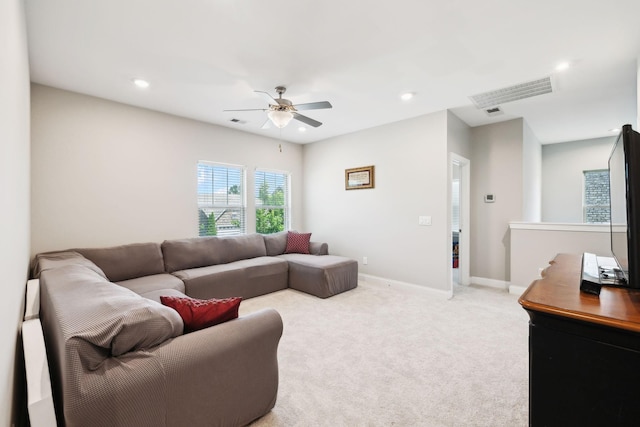 633 Fall Creek Cir, Goodlettsville, TN 37072 - living area with ceiling fan, recessed lighting, baseboards, and light colored carpet
