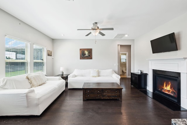 633 Fall Creek Cir, Goodlettsville, TN 37072 - living room with ceiling fan, dark wood finished floors, a glass covered fireplace, and recessed lighting