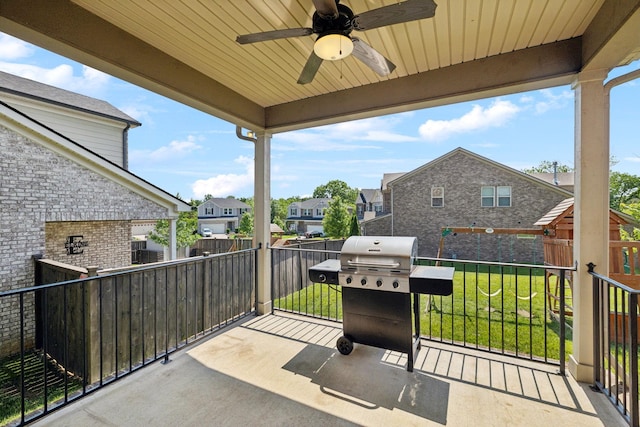 633 Fall Creek Cir, Goodlettsville, TN 37072 - view of patio / terrace with a grill, a ceiling fan, and a residential view