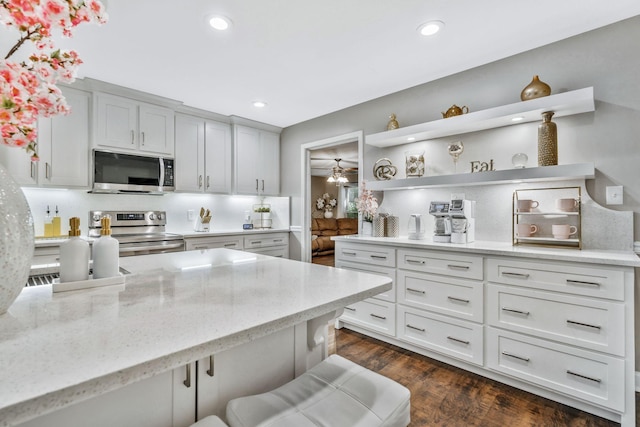 814 Riata Ct, Smyrna, TN 37167 - kitchen with stainless steel appliances, open shelves, light stone countertops, recessed lighting, and dark wood finished floors