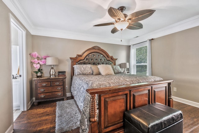 814 Riata Ct, Smyrna, TN 37167 - bedroom featuring dark wood-style flooring, crown molding, baseboards, and ceiling fan