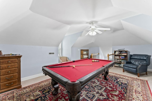 3000 General Forrest Dr, Columbia, TN 38401 - game room with carpet, a ceiling fan, vaulted ceiling, baseboards, and billiards