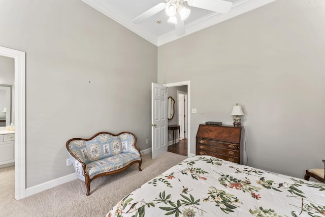 3000 General Forrest Dr, Columbia, TN 38401 - bedroom featuring ornamental molding, carpet floors, baseboards, high vaulted ceiling, and a ceiling fan