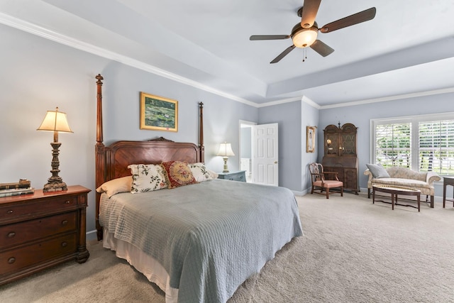 3000 General Forrest Dr, Columbia, TN 38401 - bedroom featuring light colored carpet, a raised ceiling, baseboards, ornamental molding, and a ceiling fan