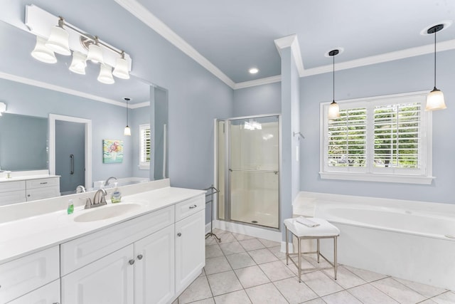 3000 General Forrest Dr, Columbia, TN 38401 - bathroom with vanity, a garden tub, a stall shower, healthy amount of natural light, and crown molding