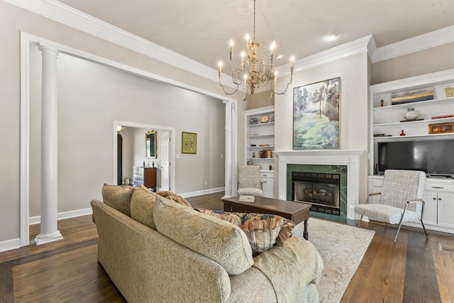 3000 General Forrest Dr, Columbia, TN 38401 - living area with a premium fireplace, baseboards, crown molding, built in features, and a chandelier