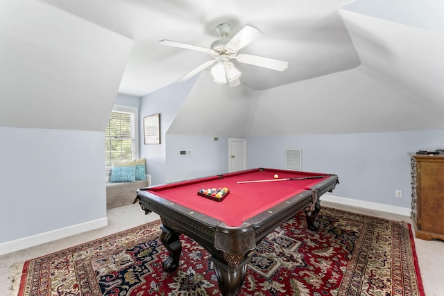 3000 General Forrest Dr, Columbia, TN 38401 - rec room with lofted ceiling, light colored carpet, ceiling fan, baseboards, and billiards