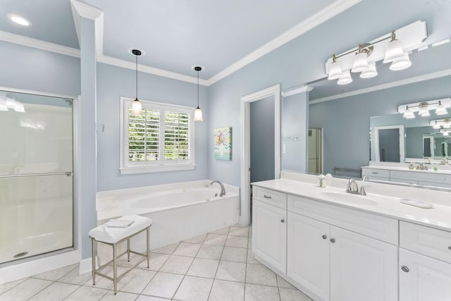 3000 General Forrest Dr, Columbia, TN 38401 - bathroom with crown molding, a shower stall, vanity, a bath, and tile patterned flooring